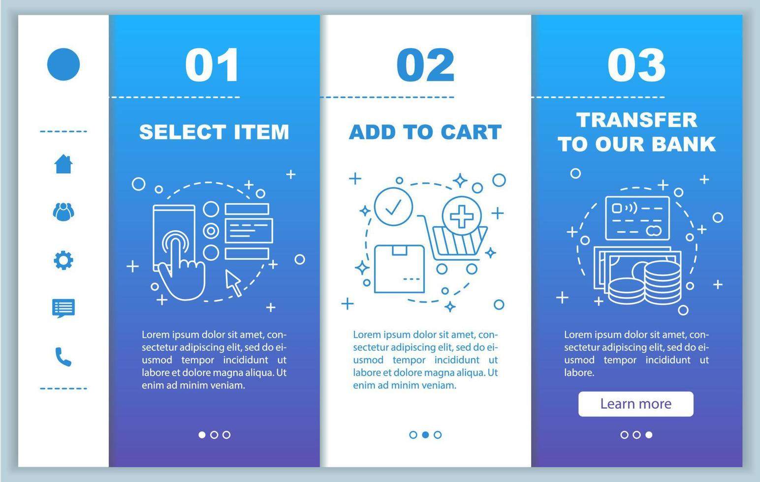 Online shopping onboarding mobile web pages vector template. Digital purchase. Select items, add to cart, make payment. Responsive smartphone website interface. Webpage walkthrough step screens