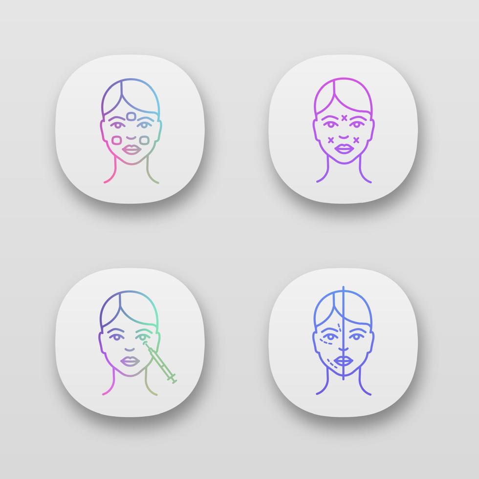 Neurotoxin injection app icons set. Anesthetic cream, facial markup, crows feets injection, facial rejuvenation. UI UX user interface. Web or mobile applications. Vector isolated illustrations