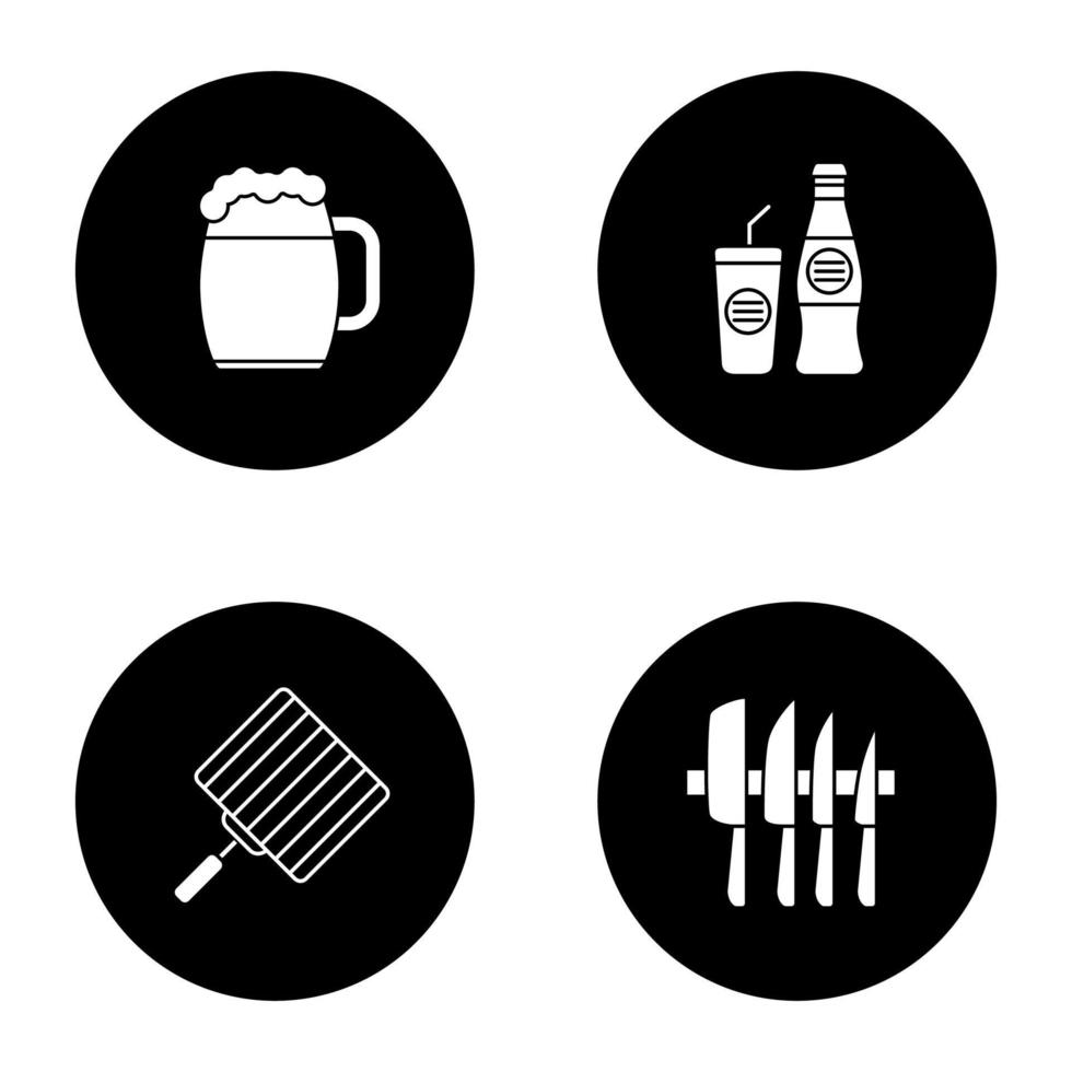 conjunto de iconos de glifo de barbacoa. barbacoa taza de cerveza, bebida fría, parrilla de mano, juego de cuchillos. ilustraciones de siluetas blancas vectoriales en círculos negros vector