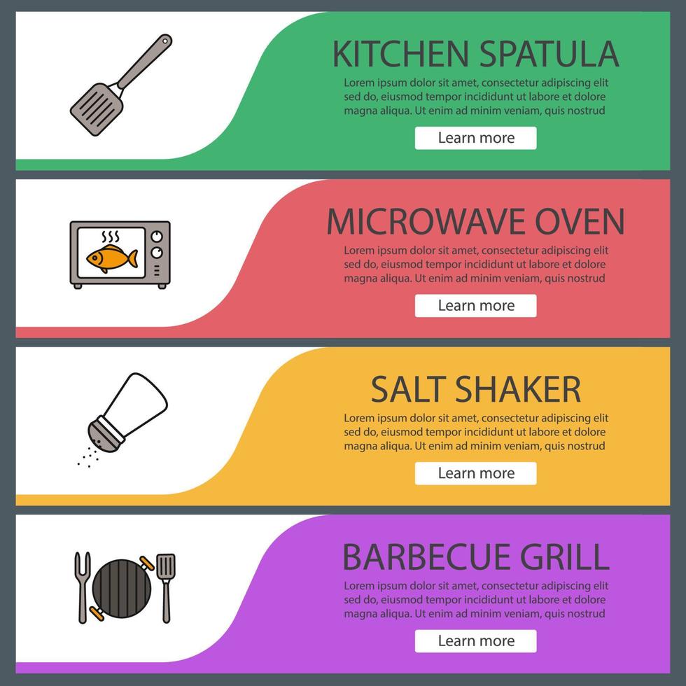 Barbecue web banner templates set. Website color menu items. BBQ. Kitchen spatula, microwave oven cooking, salt shaker, grill. Vector headers design concepts