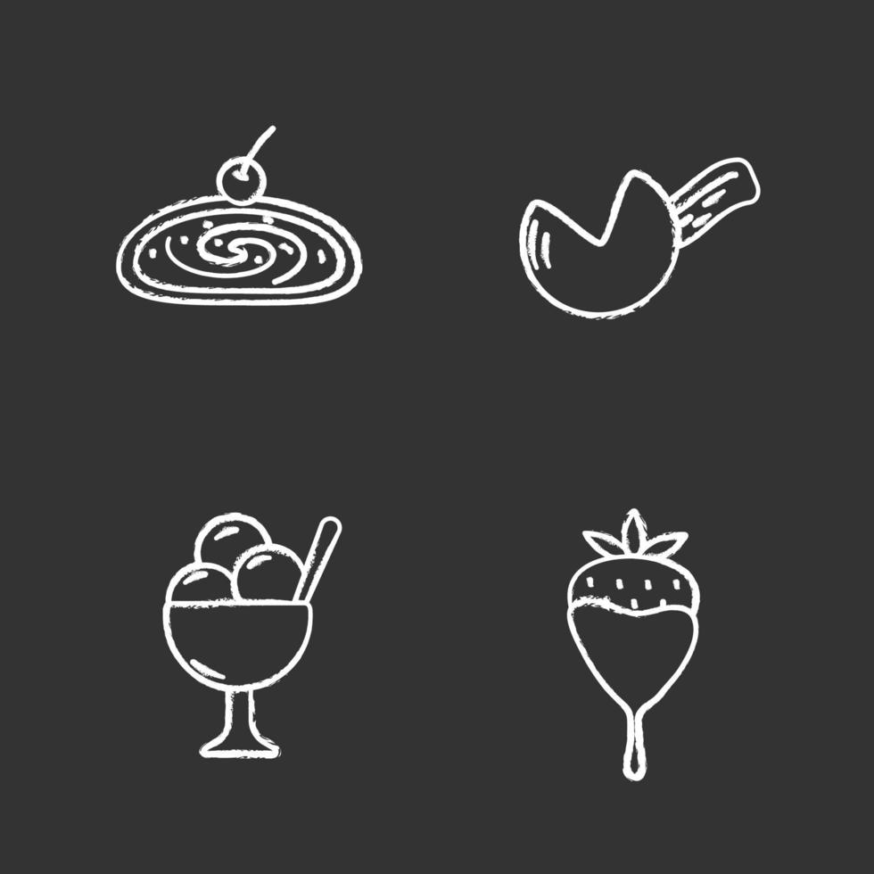 Confectionery chalk icons set. Coffee house menu. Cherry strudel, fortune cookie, ice cream bowl, strawberry in chocolate. Isolated vector chalkboard illustrations