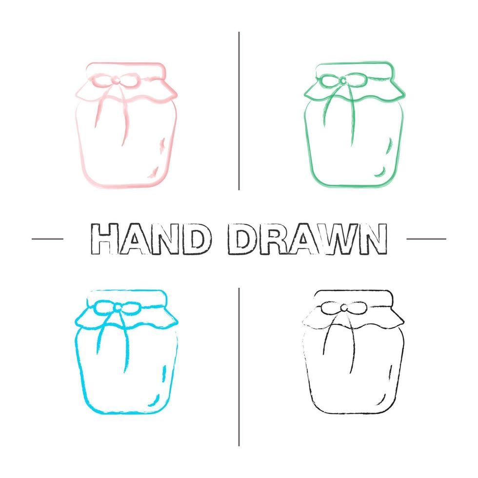Strawberry jam jar hand drawn icons set. Fruit preserve. Color brush stroke. Isolated vector sketchy illustrations