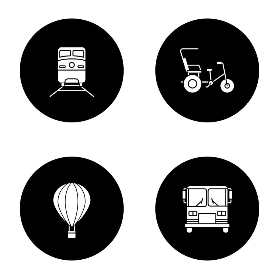 Public transport glyph icons set. Modes of transport. Train, cycle rickshaw, hot air balloon, bus. Vector white silhouettes illustrations in black circles