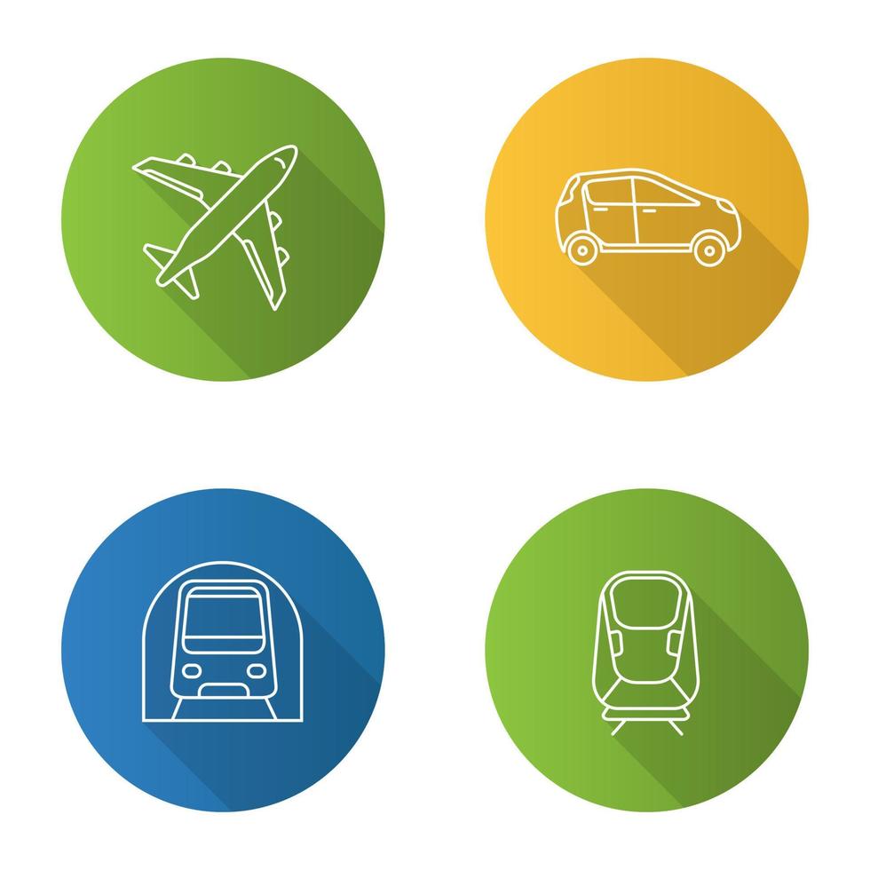 Public transport flat linear long shadow icons set. Modes of transport. Airplane, car, transrapid, metro. Vector outline illustration