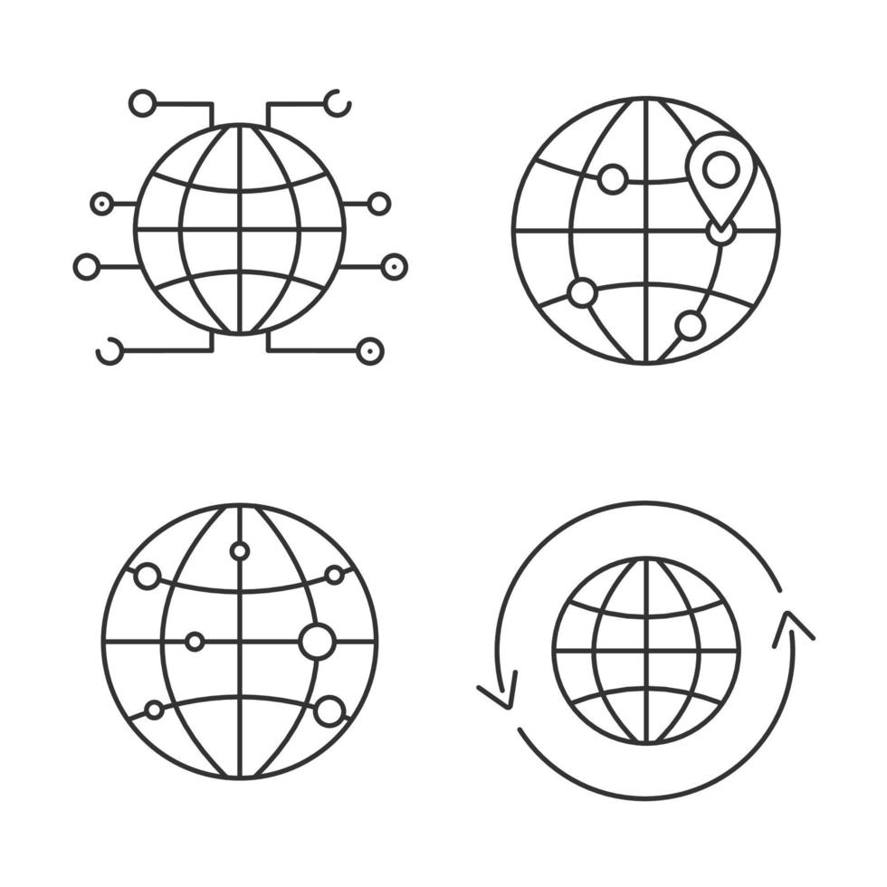 conjunto de iconos lineales en todo el mundo. conexión a internet, mapa de ruta internacional, globo con flecha redonda. símbolos de contorno de línea delgada. ilustraciones aisladas de contorno vectorial. trazo editable vector