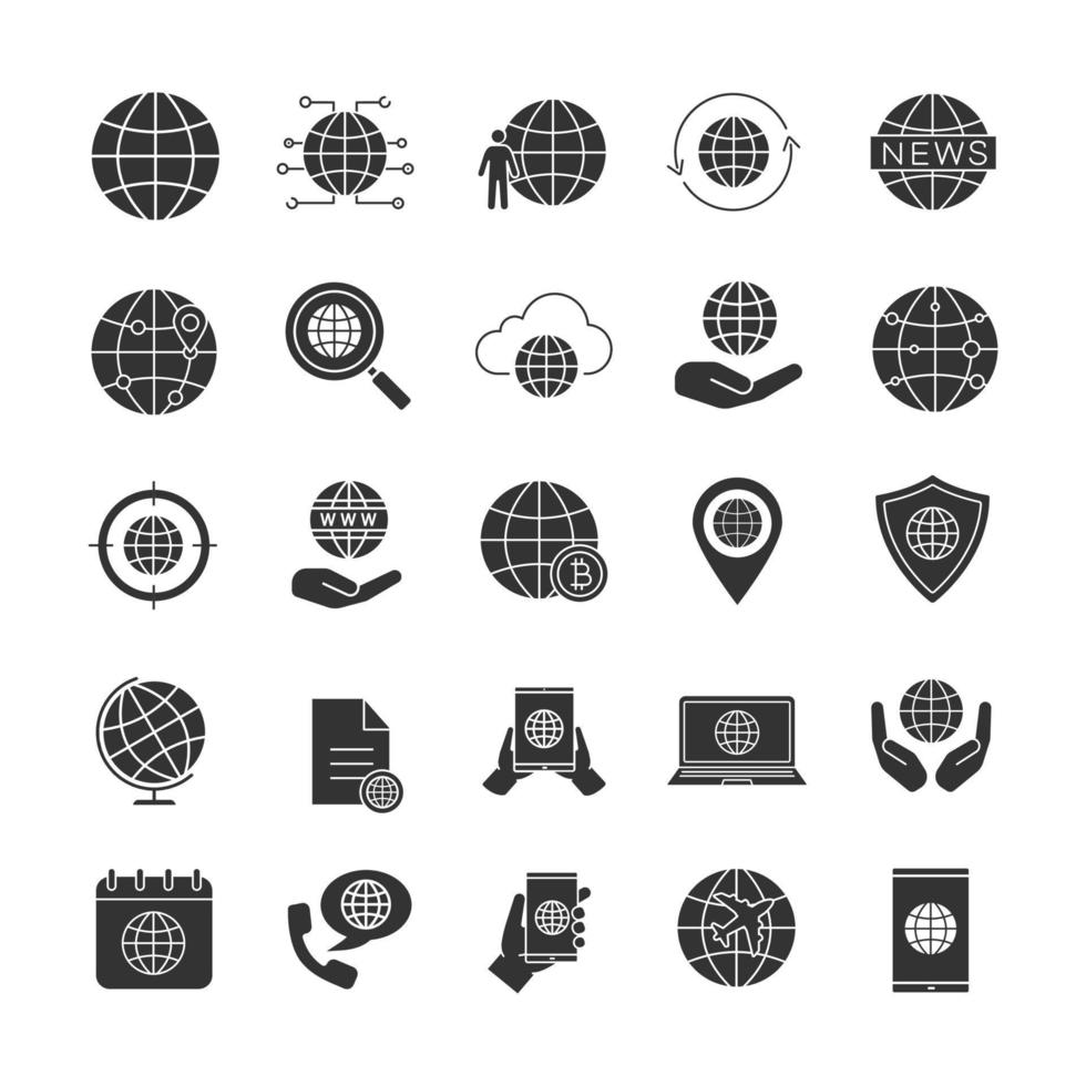 Worldwide glyph icons set. Silhouette symbols. Internet connection, international routes, world maps and globes. Vector isolated illustration