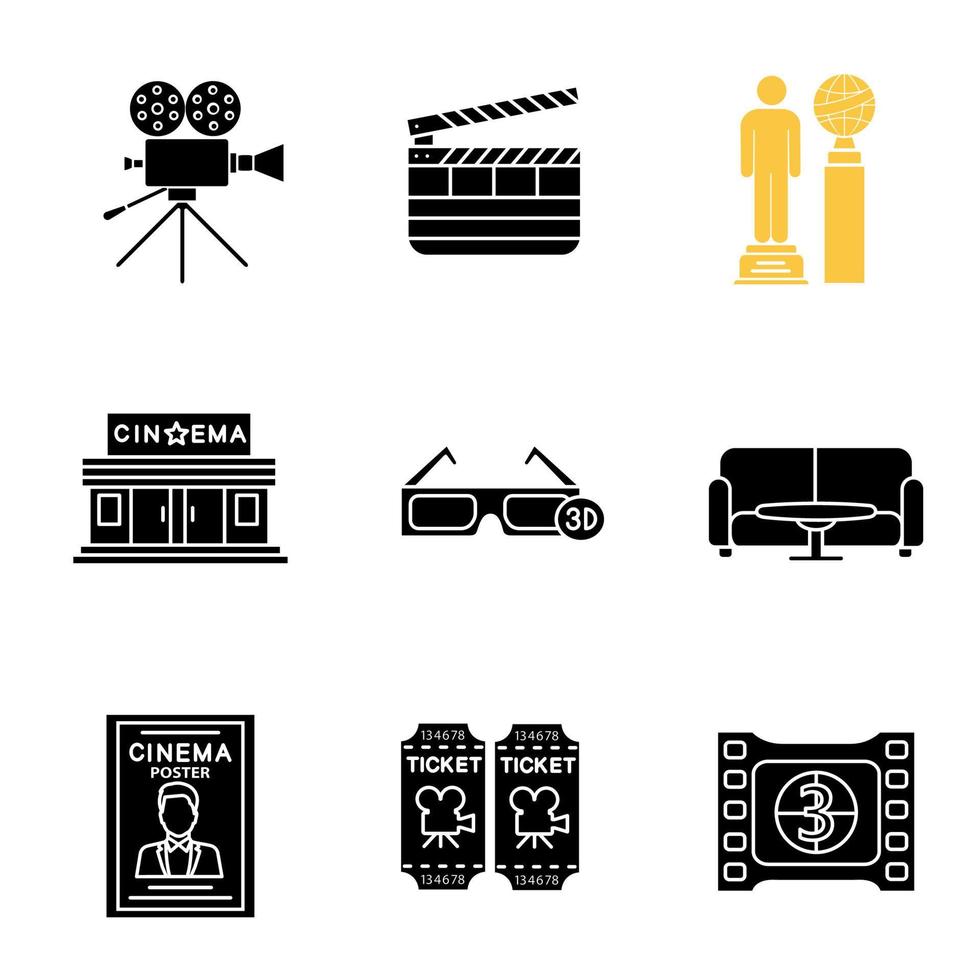 Cinema glyph icons set. Movie camera, clapperboard, awards, cinema building, 3D glasses, film frame, tickets, poster, table and sofa. Silhouette symbols. Vector isolated illustration