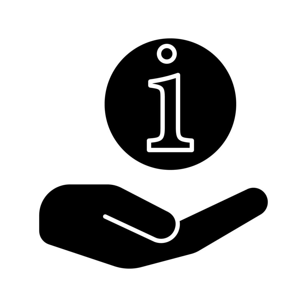 Hand holding info sign glyph icon. Helpdesk. Information center. Support. Silhouette symbol. Negative space. Vector isolated illustration