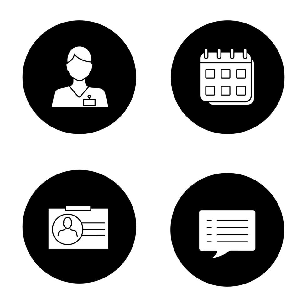 Information center glyph icons set. Calendar, speech bubble, call center operator, ID card. Vector white silhouettes illustrations in black circles