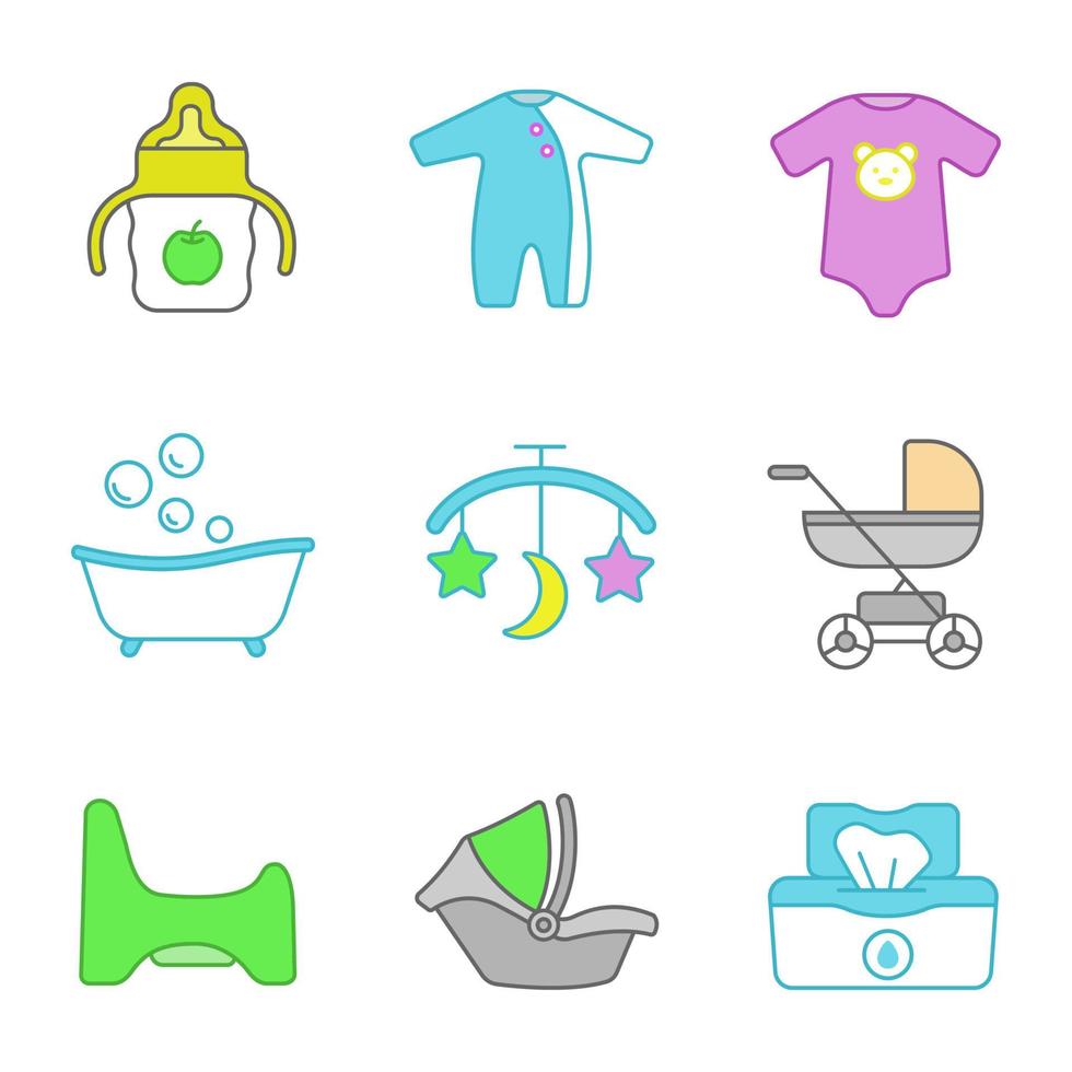 conjunto de iconos de colores de cuidado de niños. taza para sorber, pelele, mono, bañera, carrusel de cama, cochecito de bebé, orinal, asiento de coche, toallitas húmedas. ilustraciones de vectores aislados