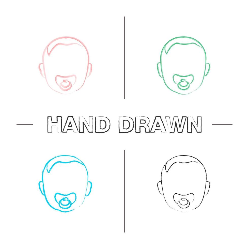 Baby face with pacifier hand drawn icons set. Child with soother in mouth. Color brush stroke. Isolated vector sketchy illustrations