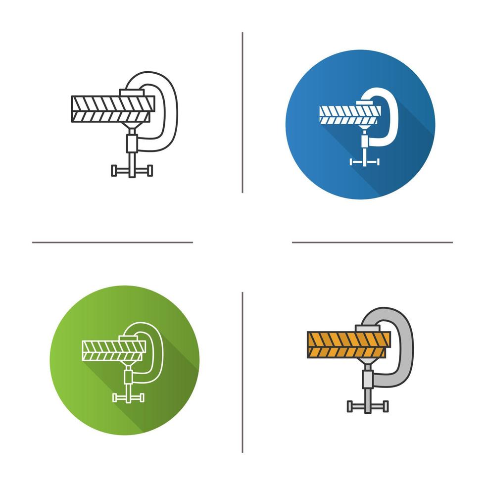 abrazadera de tornillo con icono de tablones de madera. abrazadera. Diseño plano, estilos lineales y de color. ilustraciones de vectores aislados