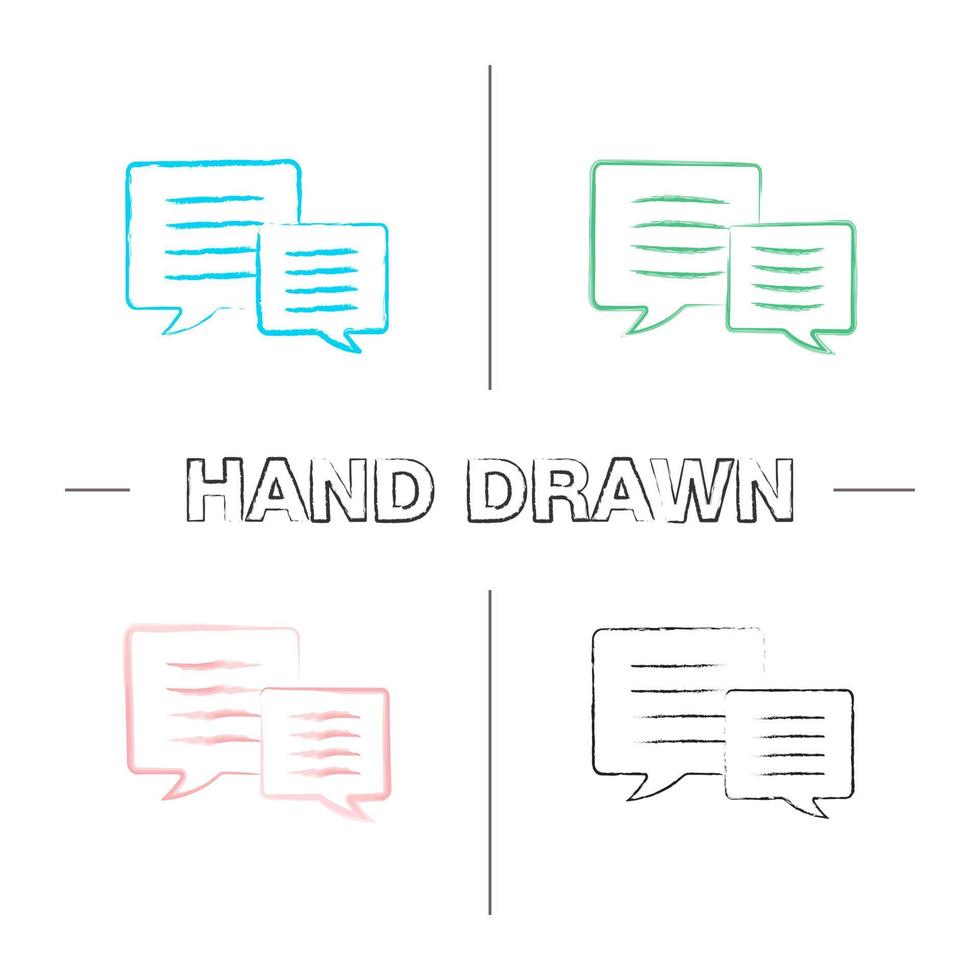 Speech bubbles hand drawn icons set. Chat boxes. Color brush stroke. Isolated vector sketchy illustrations