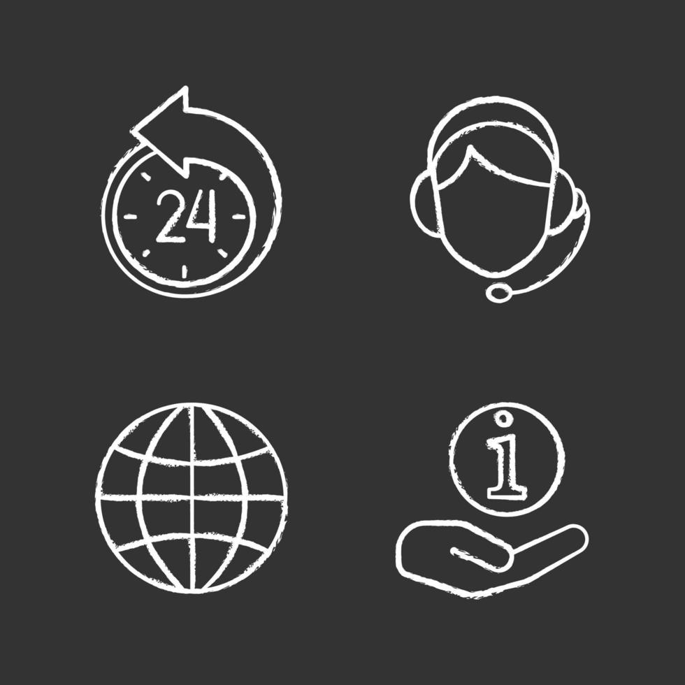 conjunto de iconos de tiza del centro de información. reprogramar, globo, servicio de asistencia, operador de centro de llamadas. Ilustraciones de vector pizarra