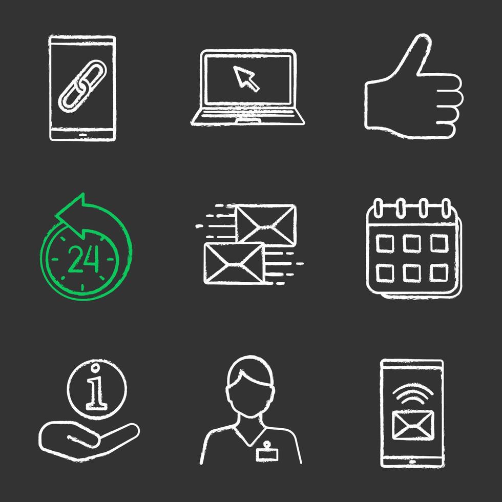 Information center chalk icons set. Link, laptop, like, reschedule, mailing, calendar, helpdesk, hotline, incoming message. Isolated vector chalkboard illustrations
