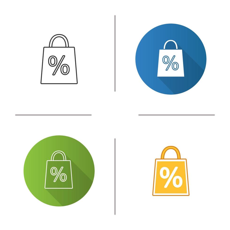 Shopping bag with percent icon. Discount offer. Sales percentage. Flat design, linear and color styles. Isolated vector illustrations