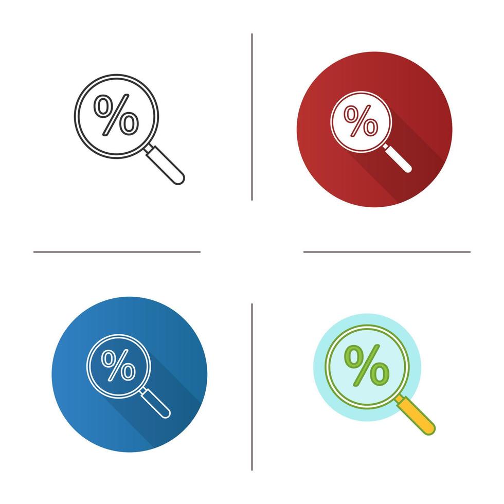 Magnifying glass with percent icon. Discount offers searching. Flat design, linear and color styles. Isolated vector illustrations
