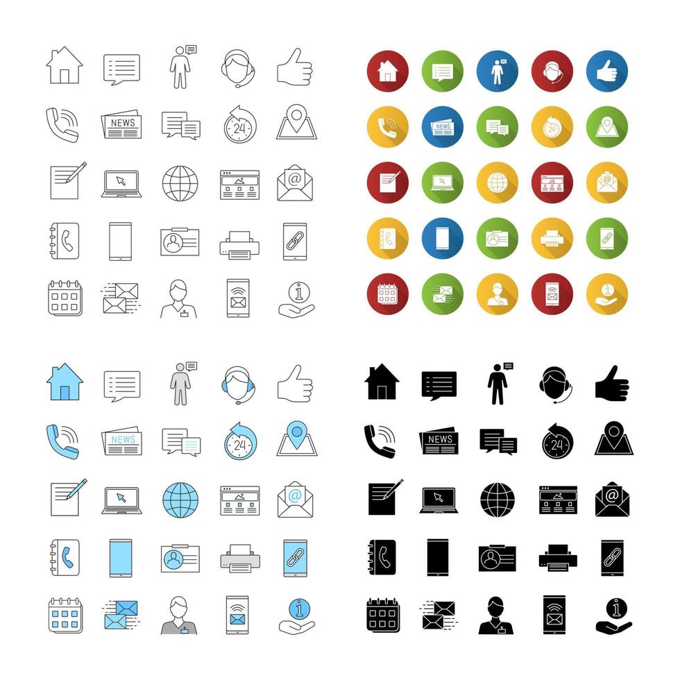 Information center icons set. Office supplies, communication devices, support service. Linear, flat design, color and glyph styles. isolated vector illustrations