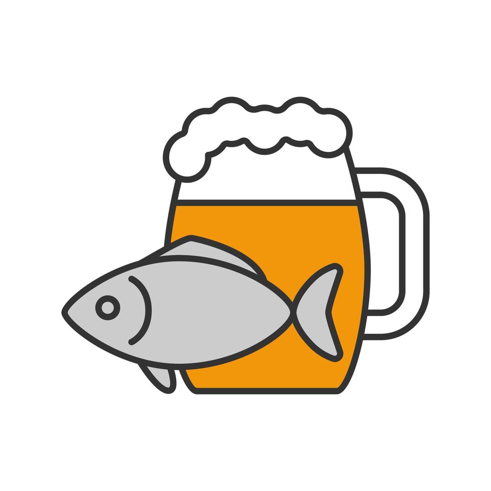 Beer mug with salty fish color icon. Ale. Isolated vector illustration