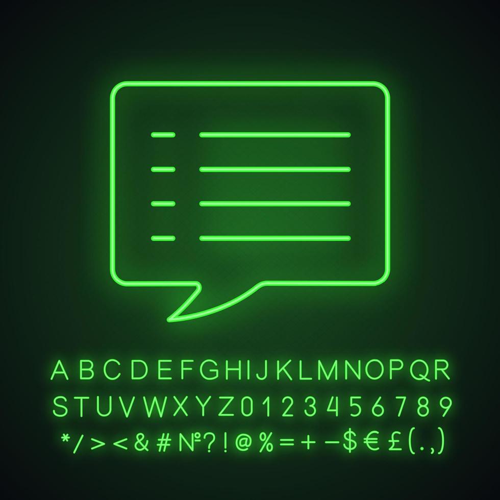 Speech bubble neon light icon. Chat box. Glowing sign with alphabet, numbers and symbols. Vector isolated illustration