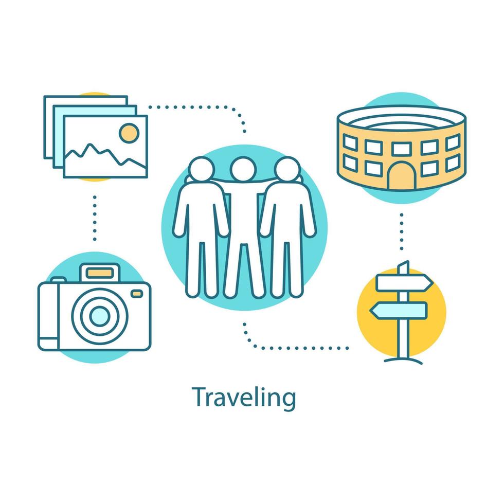 Traveling concept icon. Excursion. Sightseeing idea thin line illustration. Trip with friends. Vector isolated outline drawing