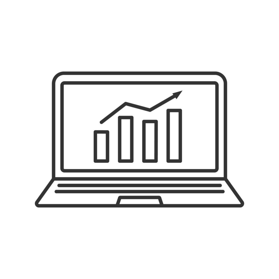 Statistics linear icon. Thin line illustration. Laptop display with market growth chart. Analysis. Statistics diagram. Contour symbol. Vector isolated outline drawing