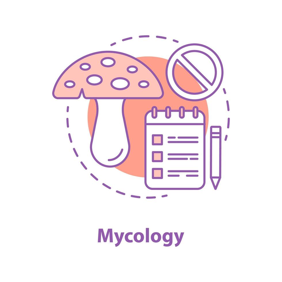 Mycology concept icon. Science idea thin line illustration. Study of fungi. Amanita mushroom, notebook, stop sign. Toxic agarics. Vector isolated outline drawing