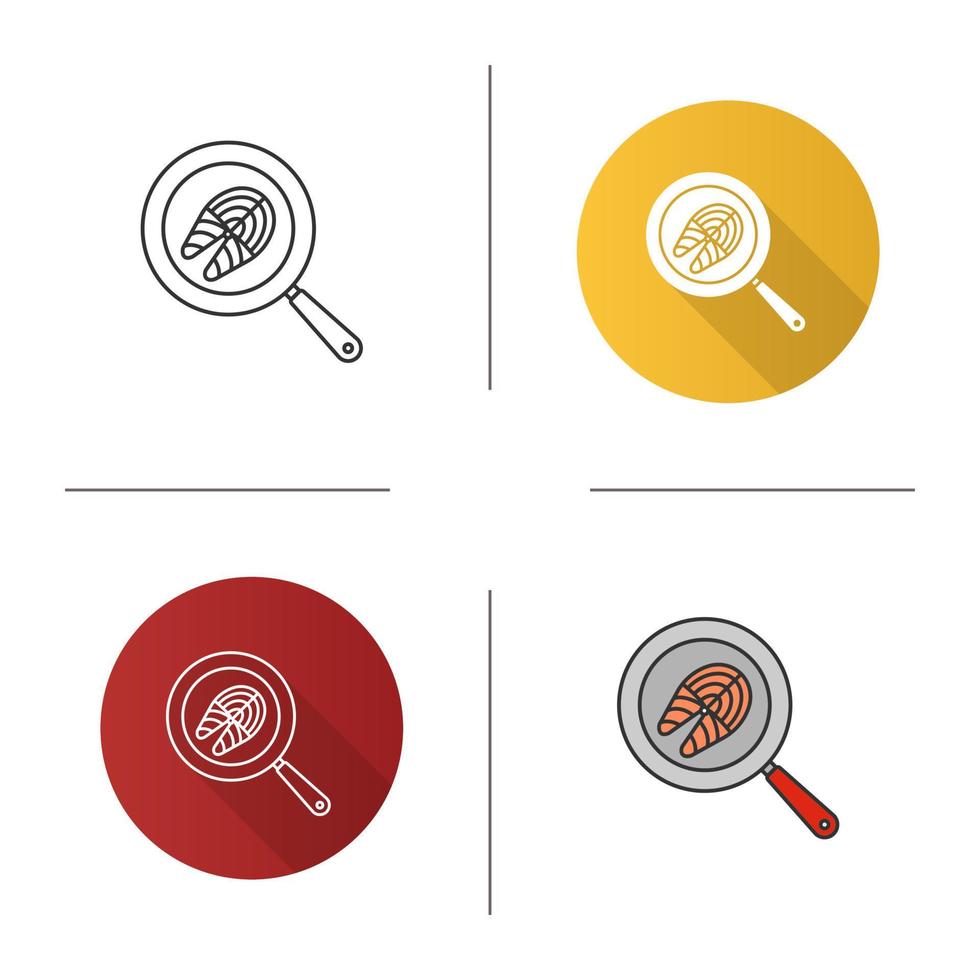 Fish steak frying on kitchen pan icon. Flat design, linear and color styles. Isolated vector illustrations