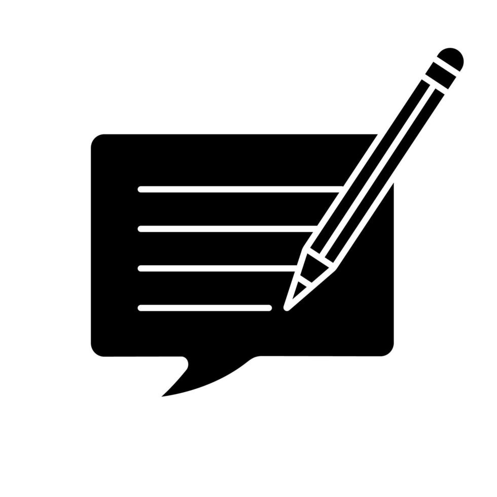 Writing message glyph icon. Chatting. Message editing. Communication. Speech bubble with pencil. Silhouette symbol. Negative space. Vector isolated illustration
