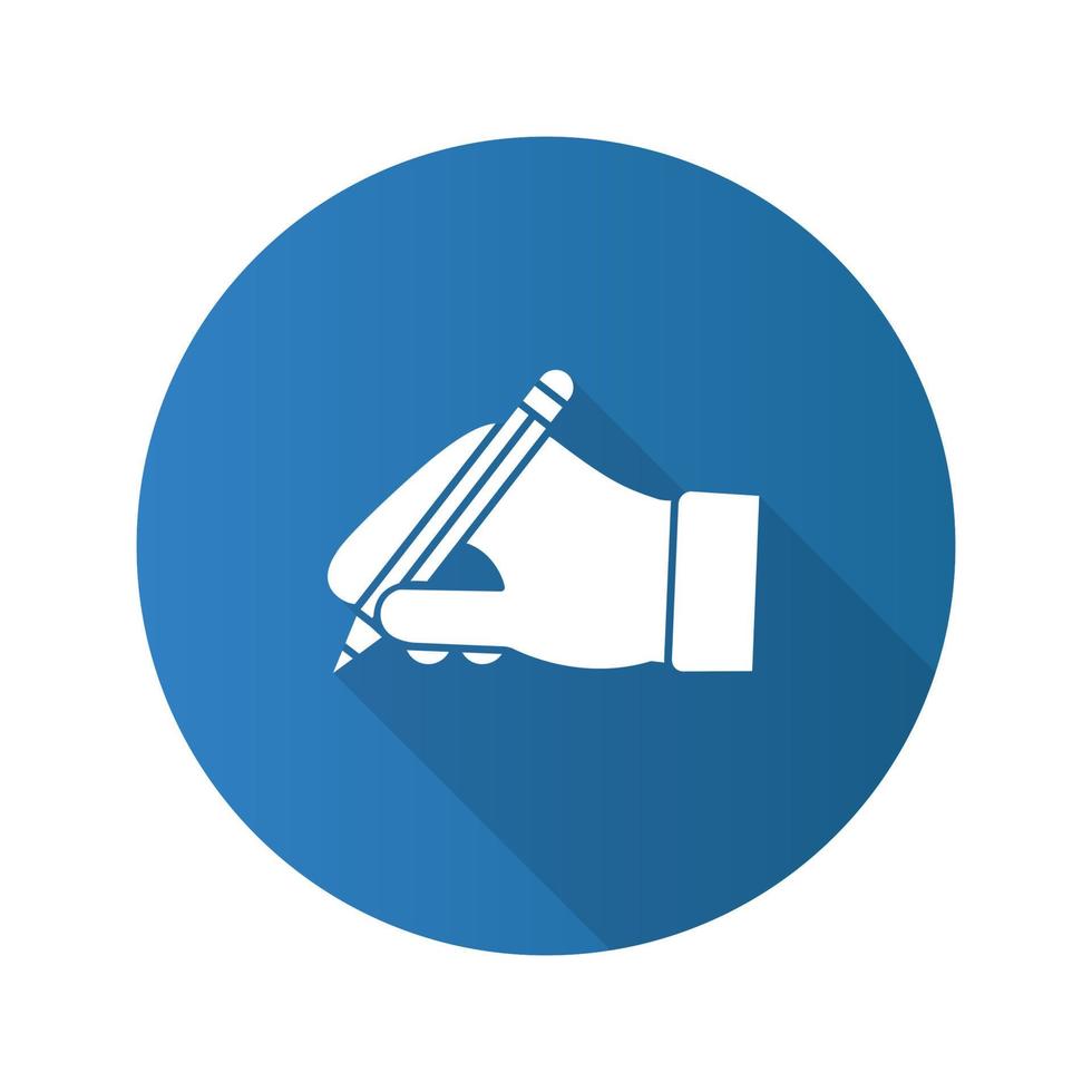 Hand holding pencil flat linear long shadow icon. Handwriting. Drawing. Taking notes. Vector outline symbol