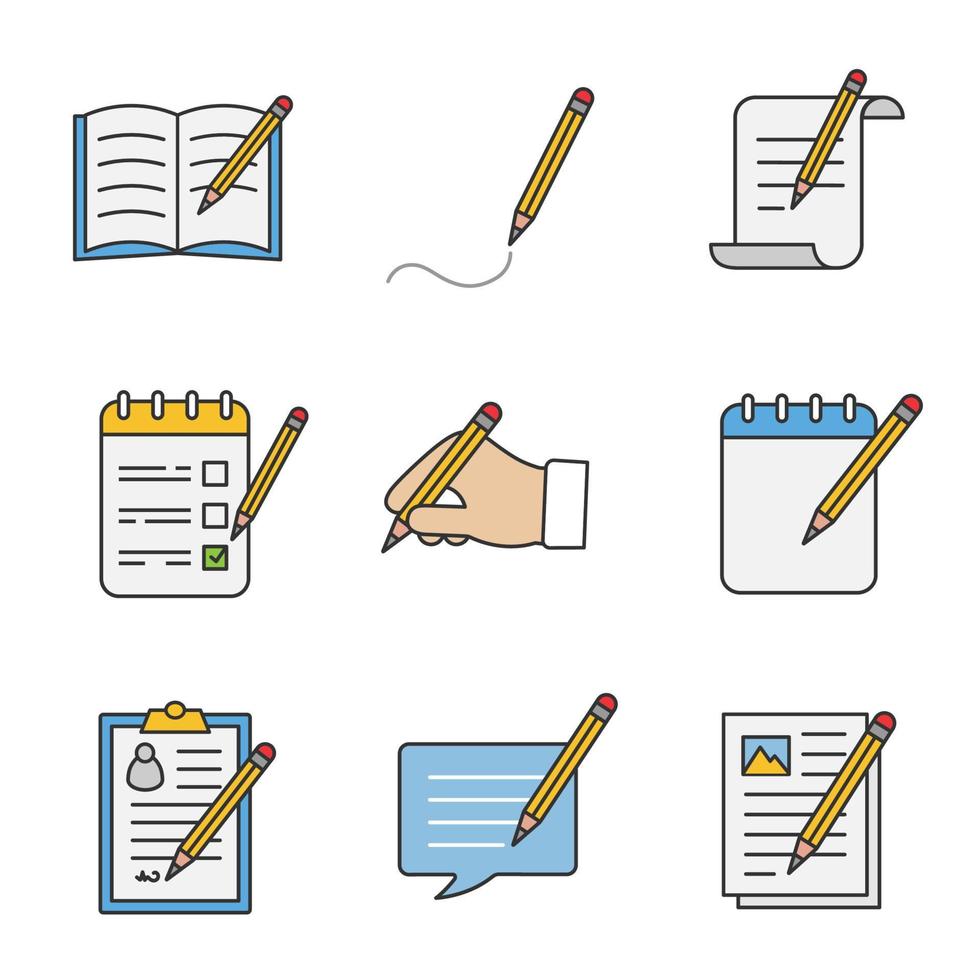 Writing with pencil color icons set. Handwriting. Notes, messages, documents. Isolated vector illustrations