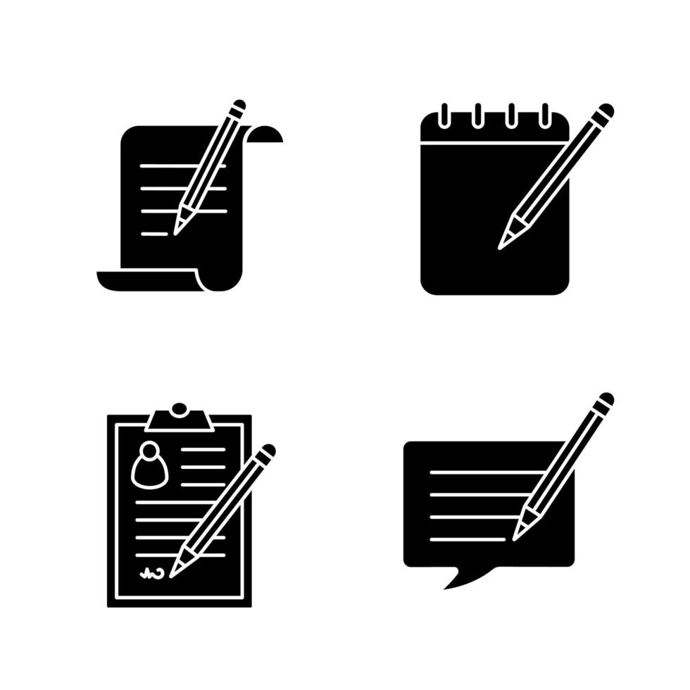 escritura con conjunto de iconos de glifo de lápiz. rollo de papel, bloc de notas, documento firmado, mensaje de escritura. símbolos de silueta. ilustración vectorial aislada vector