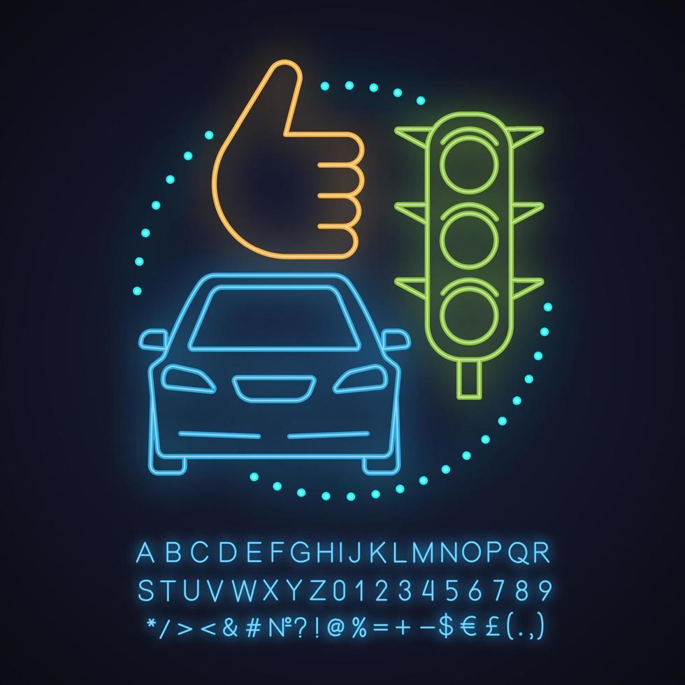 Carpooling service neon light concept icon. Successful ride sharing idea. Driving car. Glowing sign with alphabet, numbers and symbols. Vector isolated illustration