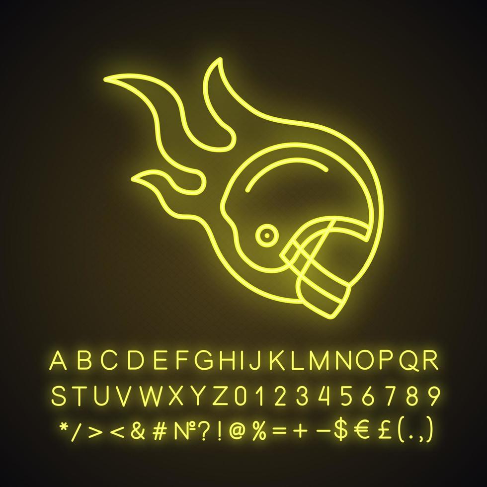 Burning rugby player's helmet neon light icon. Glowing sign with alphabet, numbers and symbols. Vector isolated illustration