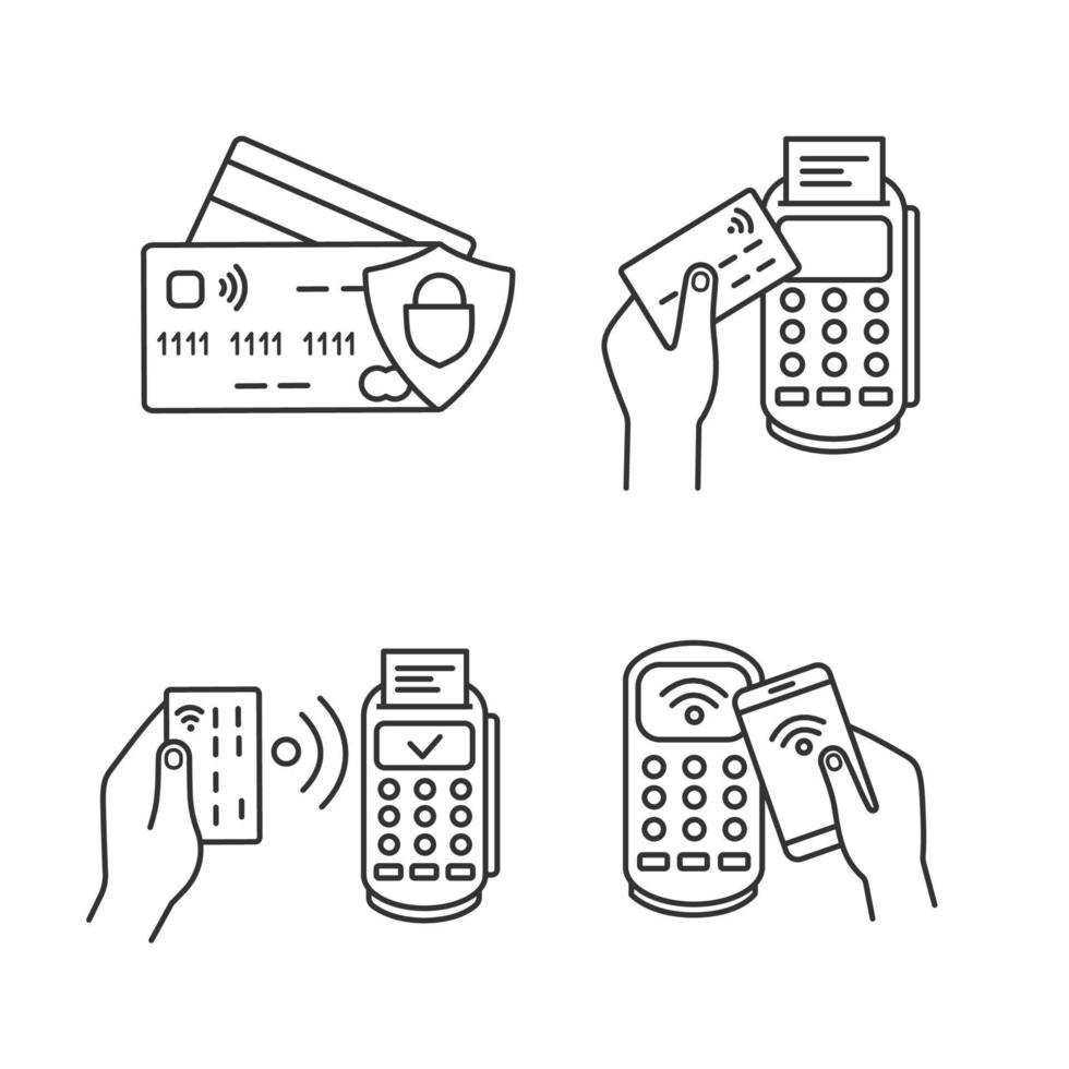 NFC payment linear icons set. Credit cards, POS terminal, pay with smartphone. Thin line contour symbols. Isolated vector outline illustrations. Editable stroke