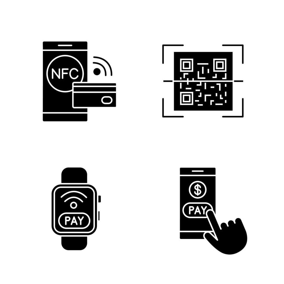 E-payment glyph icons set. Pay with smartphone, NFC smartwatch, QR code scanner, contactless payment. Silhouette symbols. Vector isolated illustration