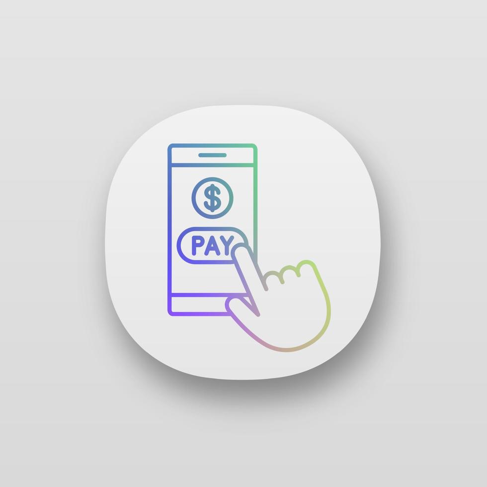 Online payment app icon. E-payment. Digital purchase. Cashless payments smartphone app. Hand pressing pay button. UI UX user interface. Web or mobile application. Vector isolated illustration