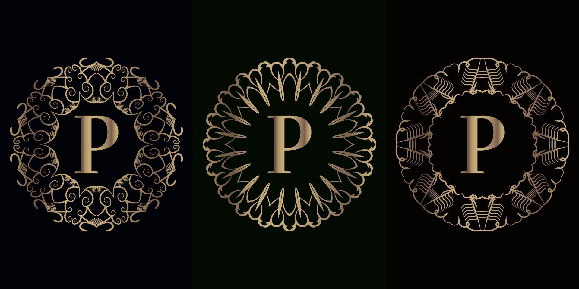 colección de logotipo inicial p con marco de adorno de mandala de lujo vector