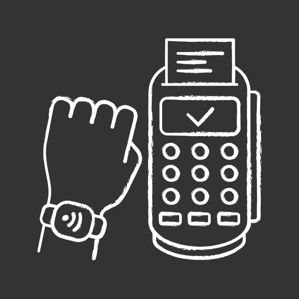 NFC smartwatch chalk icon. Near field communication payment terminal. Smart wristwatch. Contactless payment with NFC smartwatch. Isolated vector chalkboard illustration