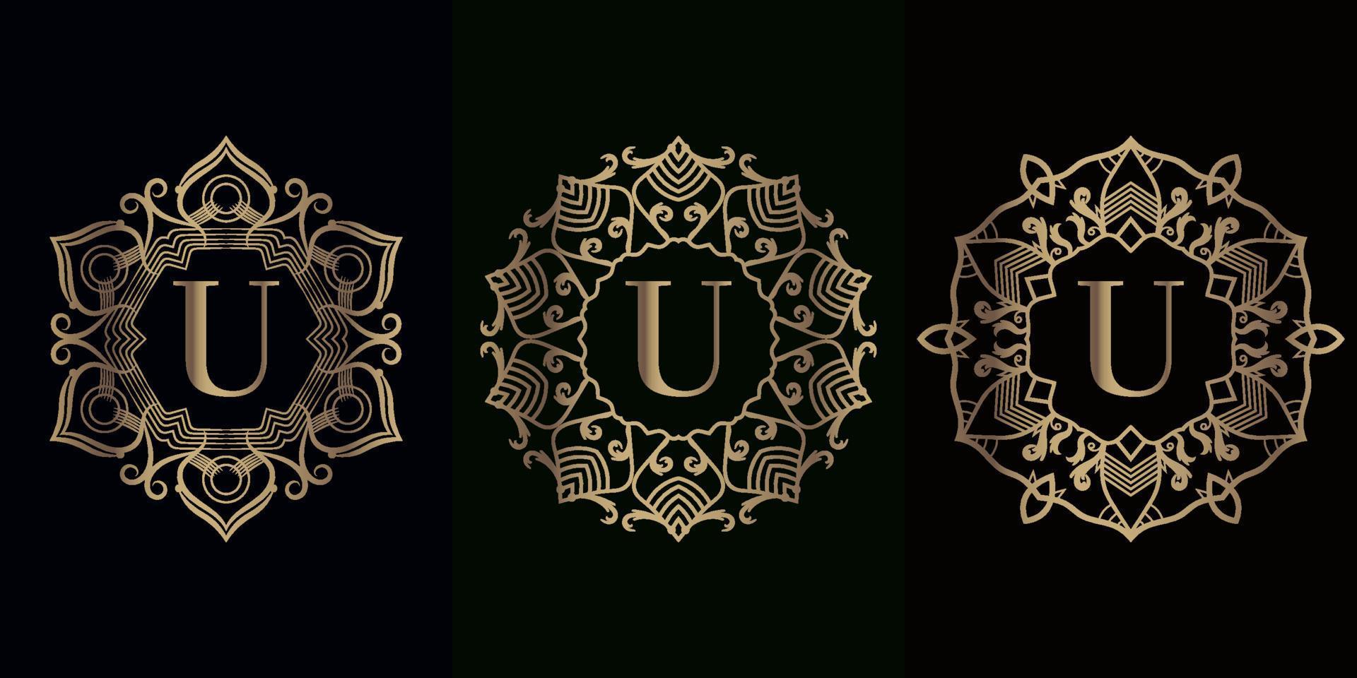 Collection of logo initial U with luxury mandala ornament frame vector