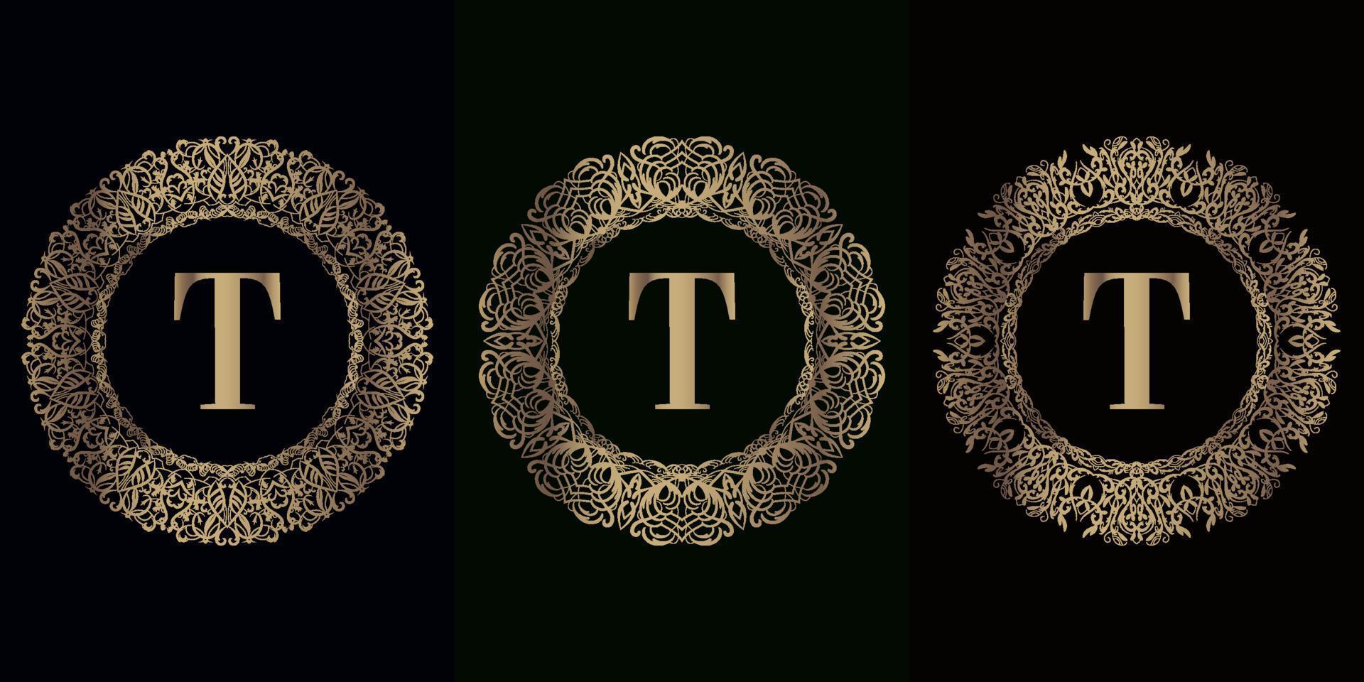 Collection of logo initial T with luxury mandala ornament frame vector
