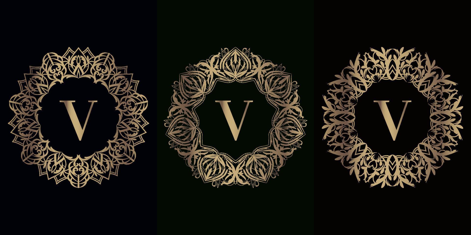 colección de logotipo v inicial con marco de adorno de mandala de lujo vector