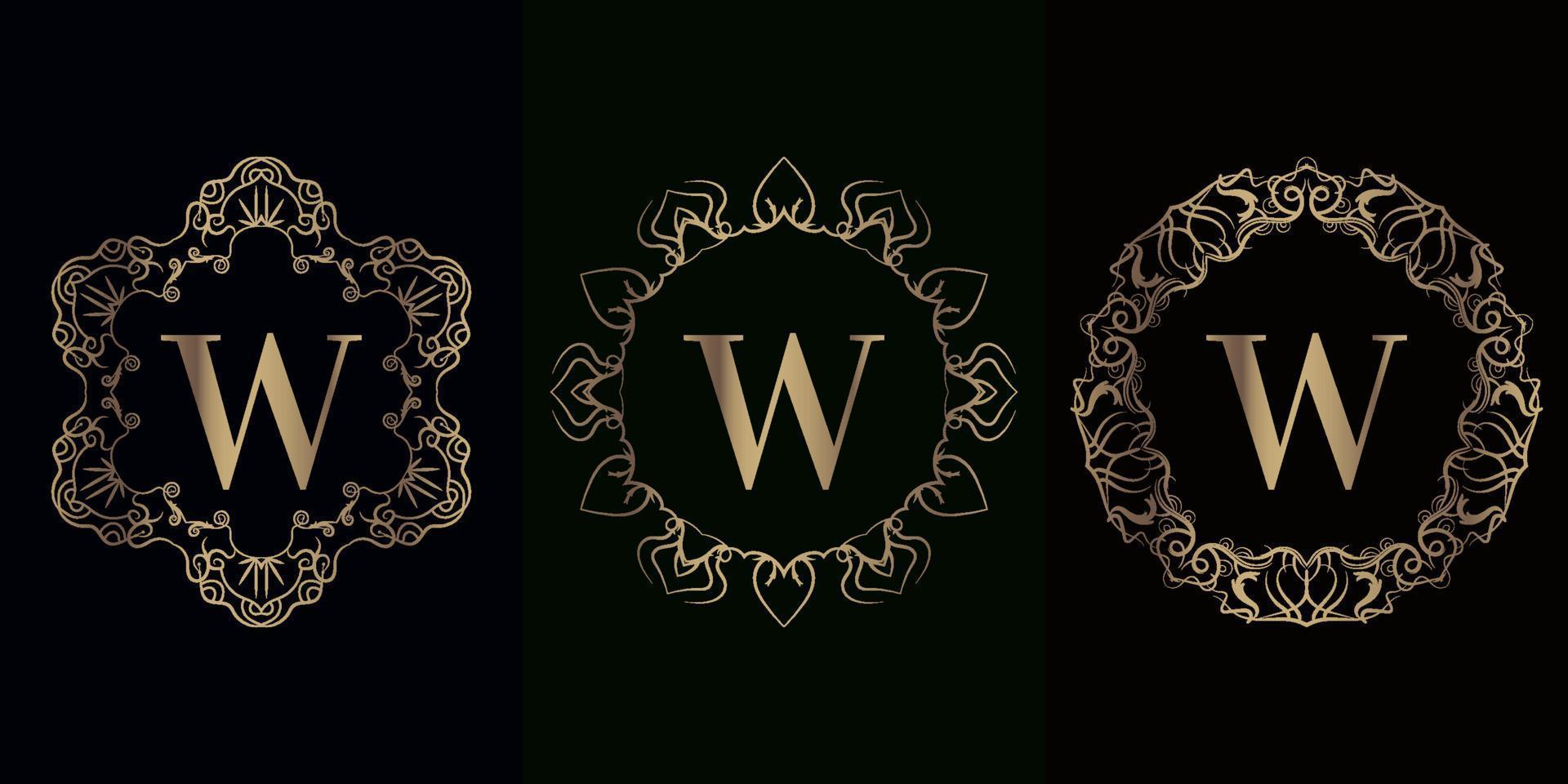 colección de logotipo inicial w con marco de adorno de mandala de lujo vector