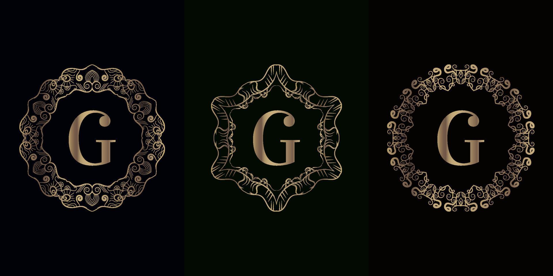 colección de logotipo g inicial con marco de adorno de mandala de lujo vector