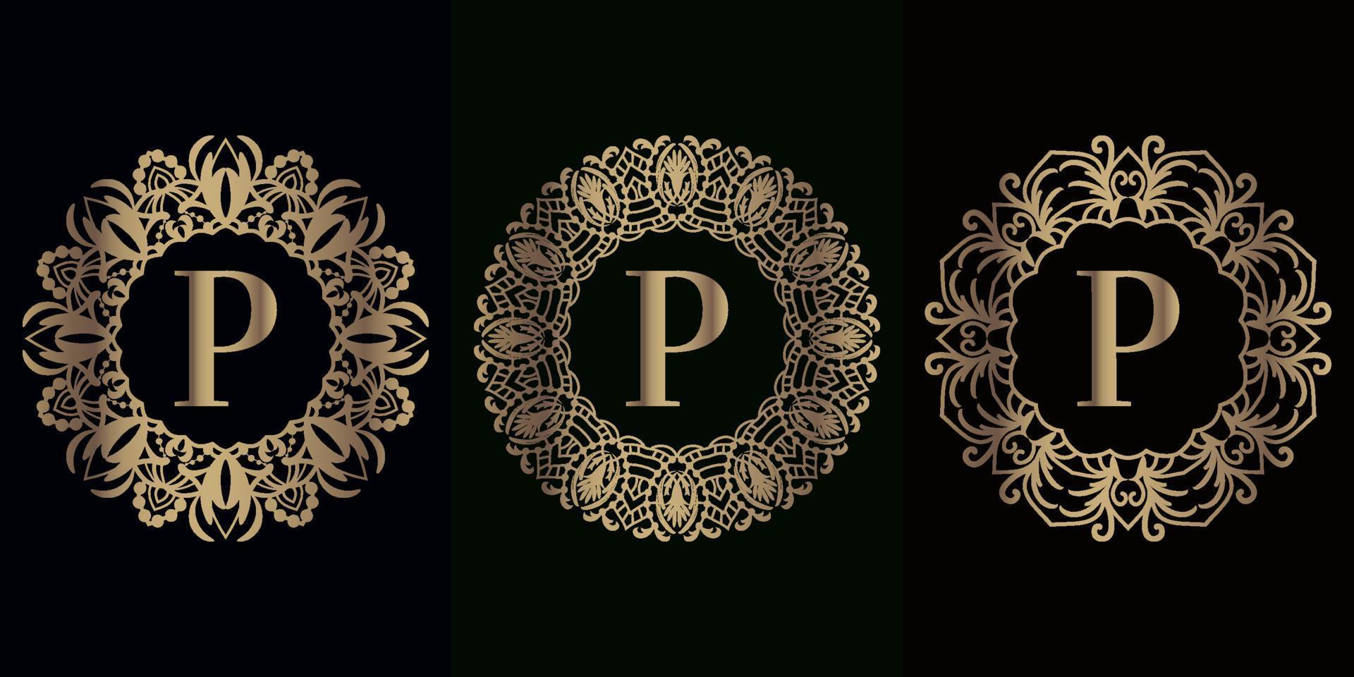 colección de logotipo inicial p con marco de adorno de mandala de lujo vector