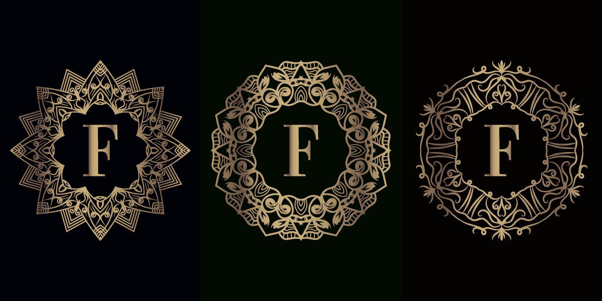 colección de logotipo f inicial con marco de adorno de mandala de lujo vector