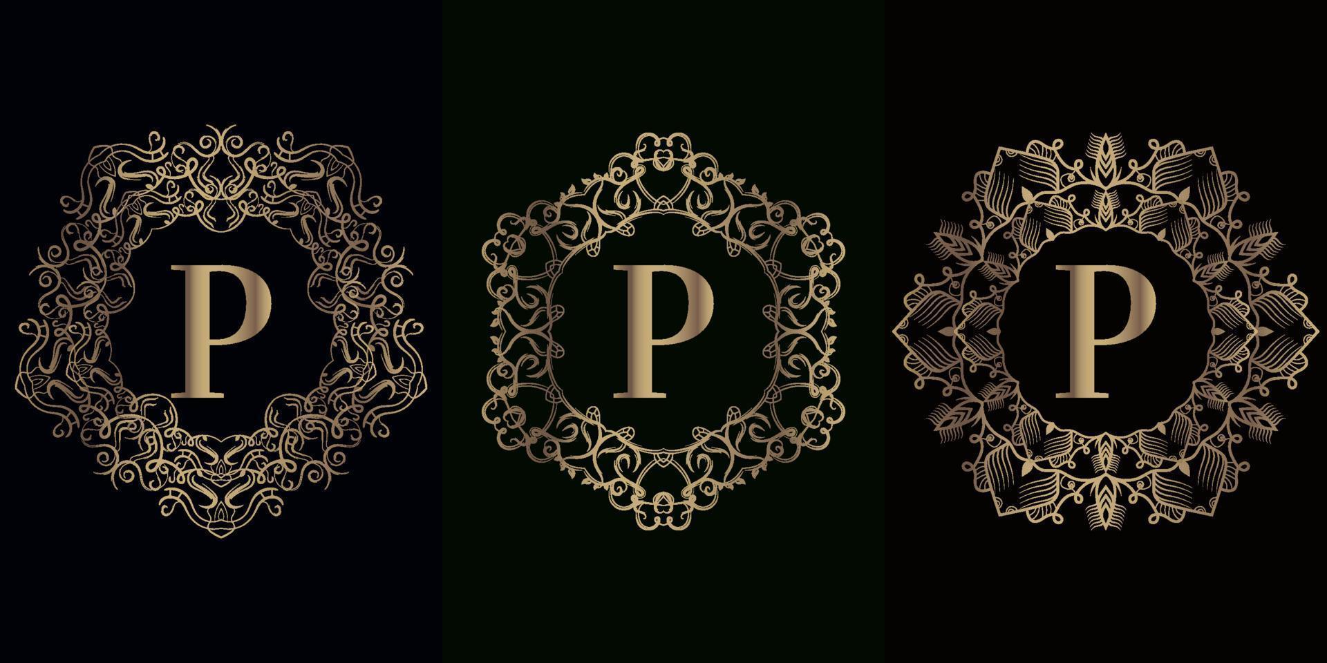 Collection of logo initial P with luxury mandala ornament frame vector