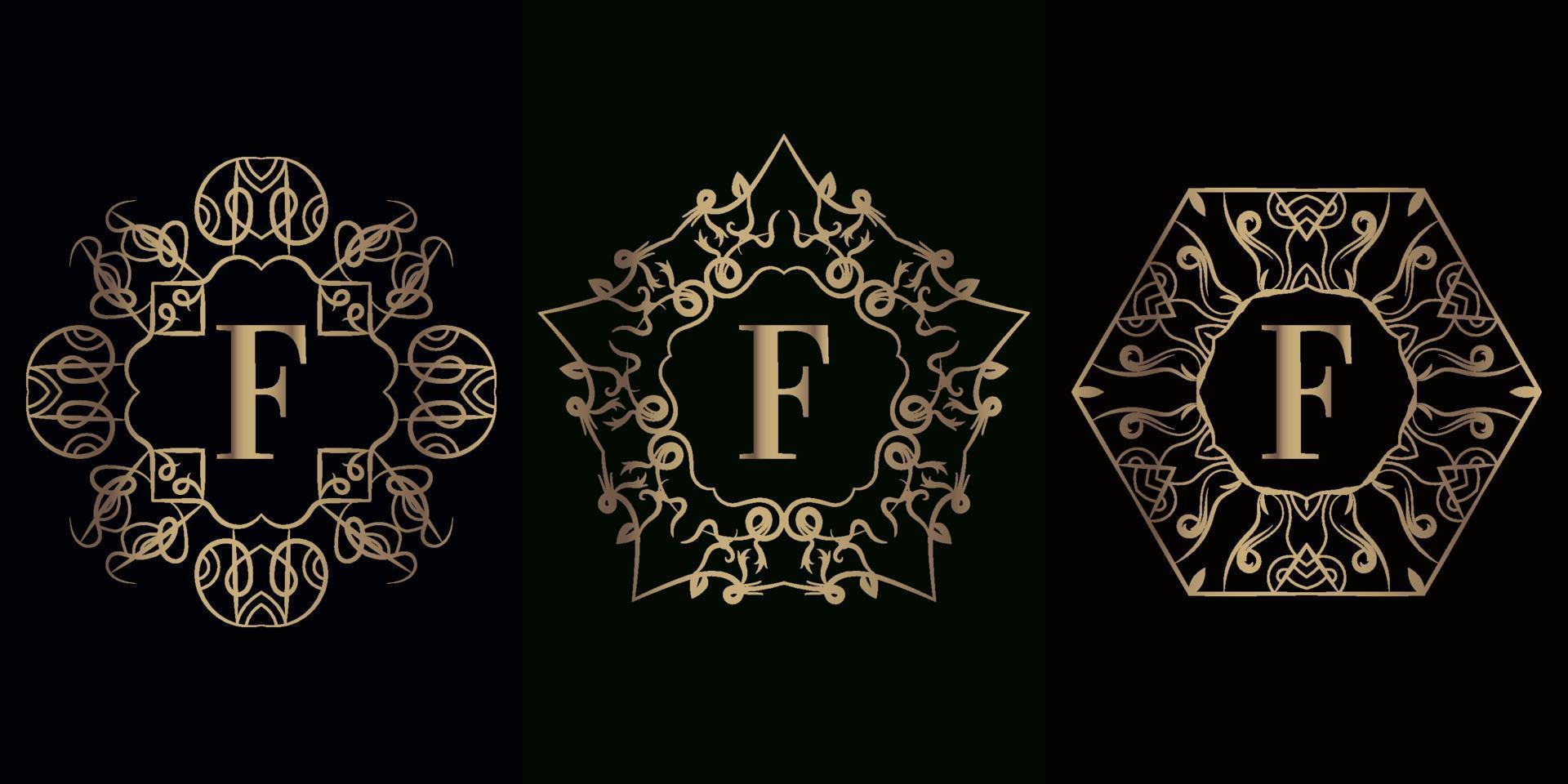 colección de logotipo f inicial con marco de adorno de mandala de lujo vector