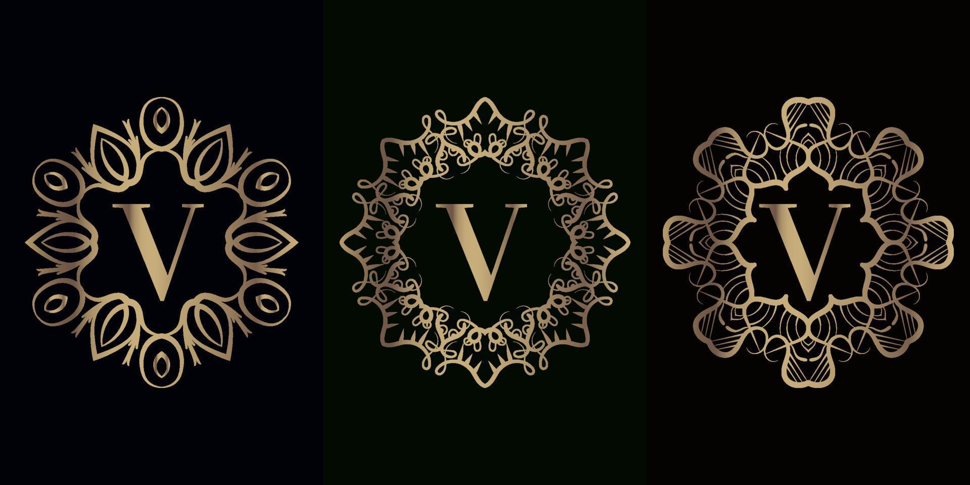 Collection of logo initial V with luxury mandala ornament frame vector