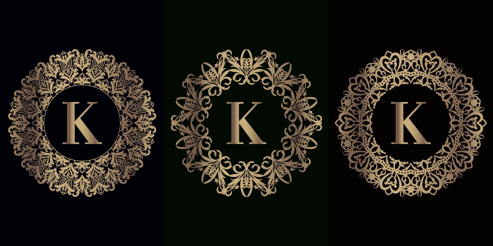 colección de logotipo inicial k con marco de adorno de mandala de lujo vector